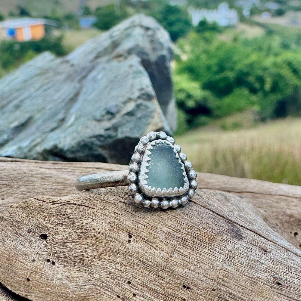 Handmade Sterling silver sea glass ring aqua blue 925 beaded beach coastal ocean